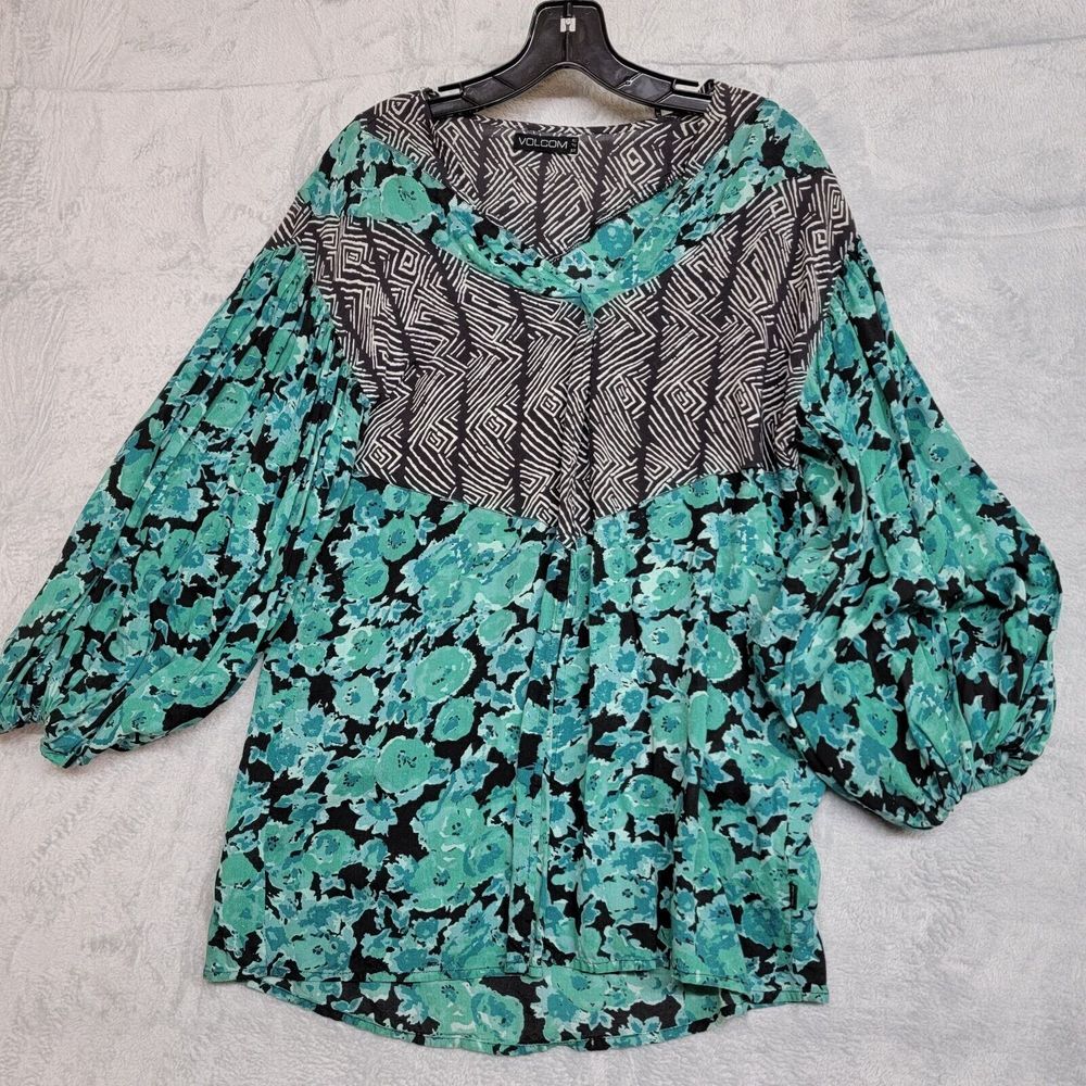 Volcom Womens Blouse XS/S 8/10 Green & Black Puffer Sleeves